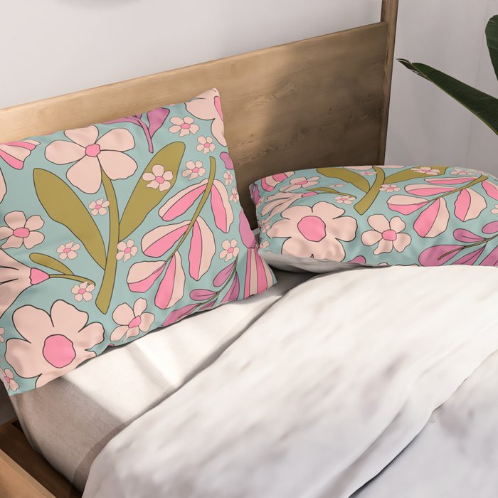 Retro Groovy - 70's Blue Floral Pattern Pillow Sham Gallery Image 2