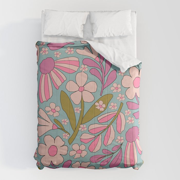Retro Groovy - 70's Blue Floral Pattern Comforter Gallery Image 6