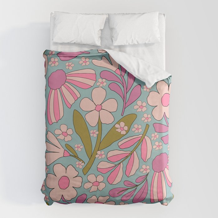 Retro Groovy - 70's Blue Floral Pattern Duvet Cover Gallery Image 6