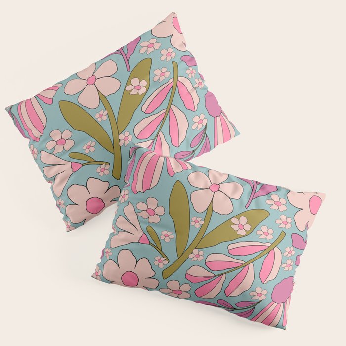 Retro Groovy - 70's Blue Floral Pattern Pillow Sham Gallery Image 3
