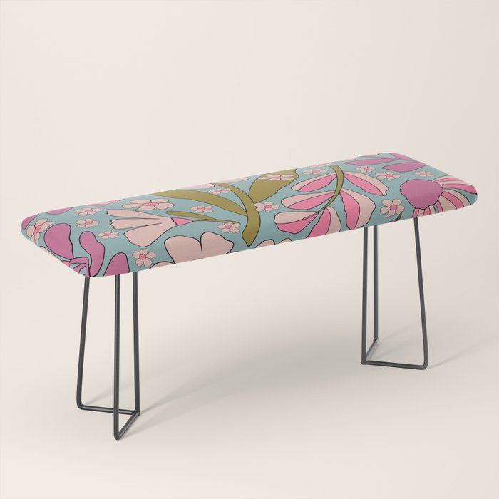 Retro Groovy - 70's Blue Floral Pattern Bench Gallery Image 1