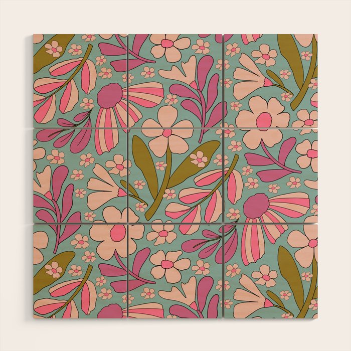 Retro Groovy - 70's Blue Floral Pattern Wood Wall Art Gallery Image 1