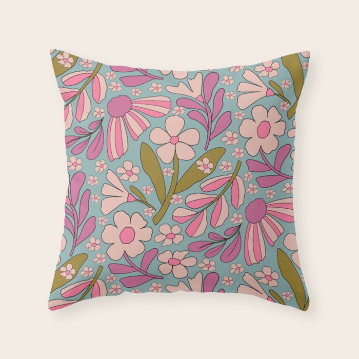 Retro Groovy - 70's Blue Floral Pattern Throw Pillow Gallery Image 6