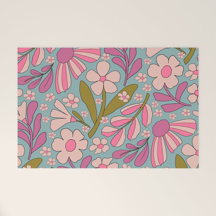 Retro Groovy - 70's Blue Floral Pattern Welcome Mat Gallery Image 1
