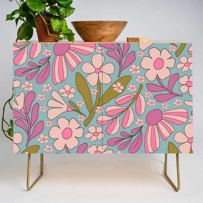 Retro Groovy - 70's Blue Floral Pattern Credenza Gallery Image 1