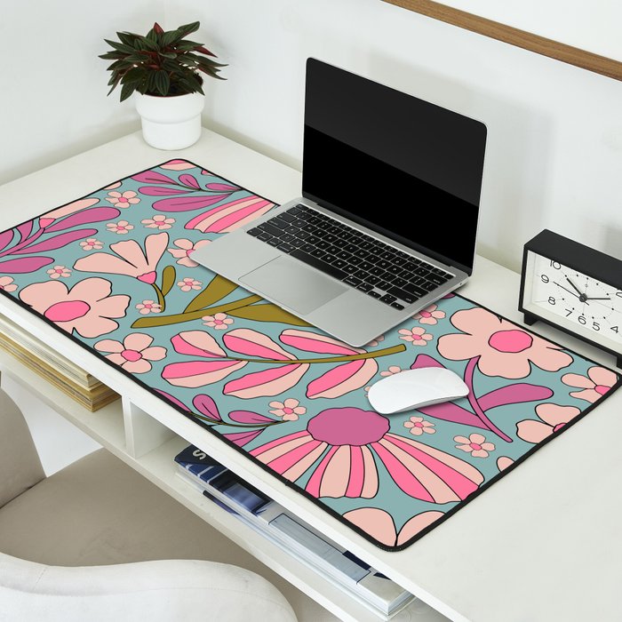 Retro Groovy - 70's Blue Floral Pattern Desk Mat Gallery Image 2