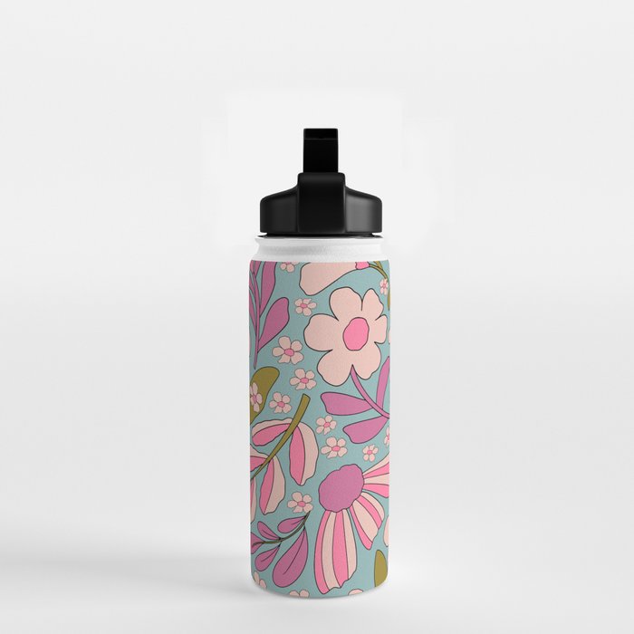 Retro Groovy - 70's Blue Floral Pattern Water Bottle Gallery Image 2