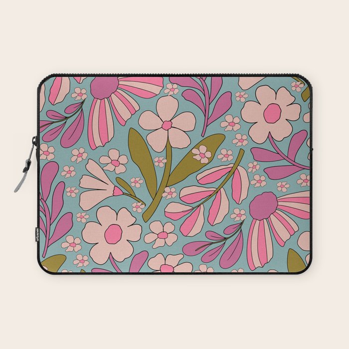 Retro Groovy - 70's Blue Floral Pattern Laptop Sleeve Gallery Image 1
