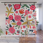 Mid-Century Modern Pink Floral And Leaves Designs Wall Mural Gallery Image 1