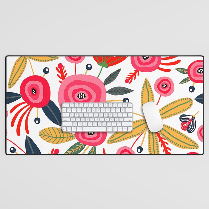 Mid-Century Modern Pink Floral And Leaves Designs Desk Mat Gallery Image 1