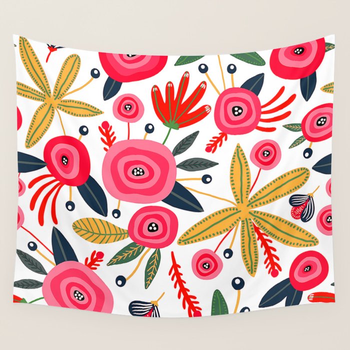 Mid-Century Modern Pink Floral And Leaves Designs Wall Tapestry Gallery Image 1