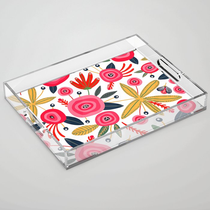 Mid-Century Modern Pink Floral And Leaves Designs Acrylic Tray Gallery Image 1