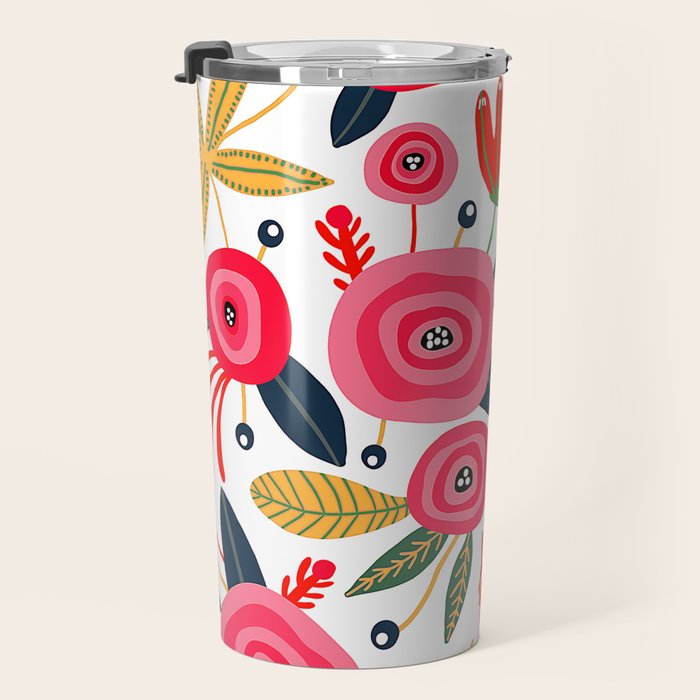 Mid-Century Modern Pink Floral And Leaves Designs Travel Mug Gallery Image 3