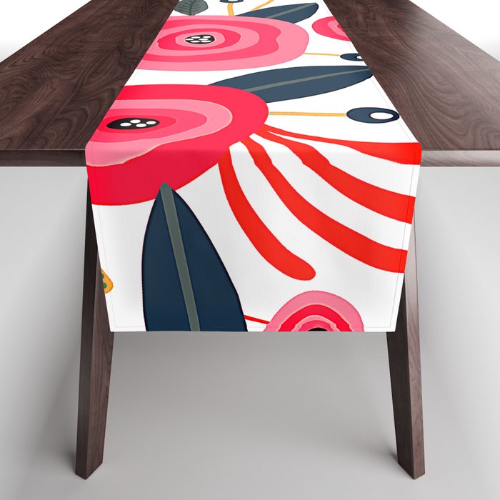 Mid-Century Modern Pink Floral And Leaves Designs Table Runner Gallery Image 1