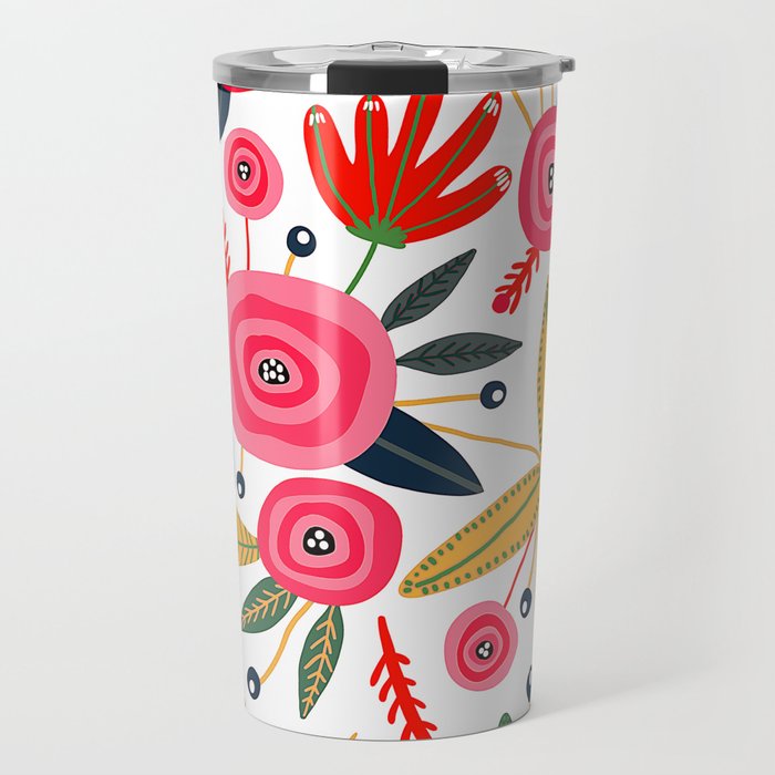 Mid-Century Modern Pink Floral And Leaves Designs Travel Mug Gallery Image 1