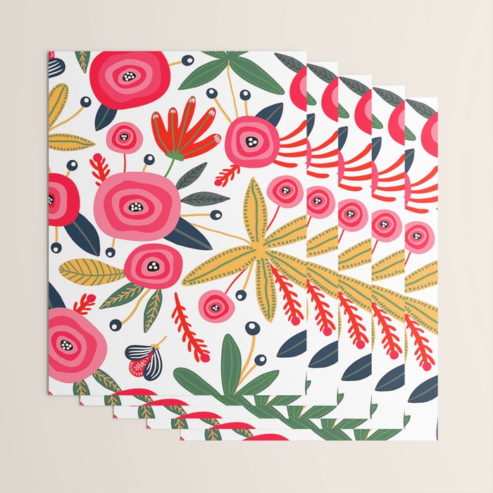Mid-Century Modern Pink Floral And Leaves Designs Wrapping Paper Gallery Image 3