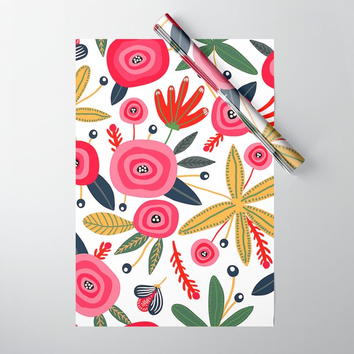 Mid-Century Modern Pink Floral And Leaves Designs Wrapping Paper Gallery Image 1