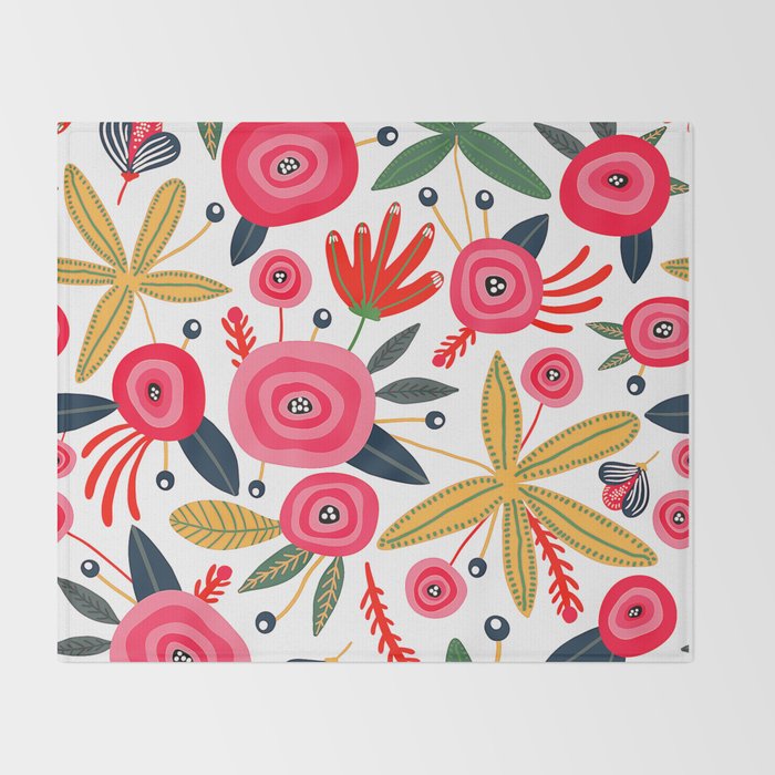 Mid-Century Modern Pink Floral And Leaves Designs Throw Blanket Gallery Image 2