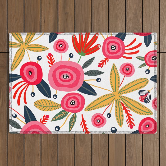 Mid-Century Modern Pink Floral And Leaves Designs Outdoor Rug Gallery Image 1