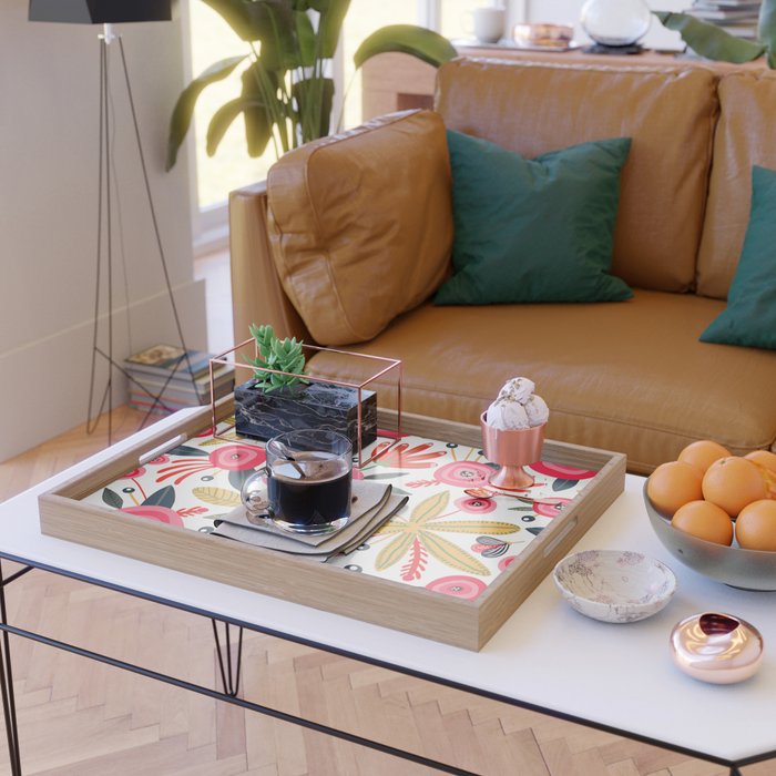 Mid-Century Modern Pink Floral And Leaves Designs Serving Tray Gallery Image 2