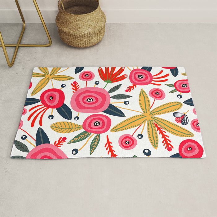 Mid-Century Modern Pink Floral And Leaves Designs Rug Gallery Image 1