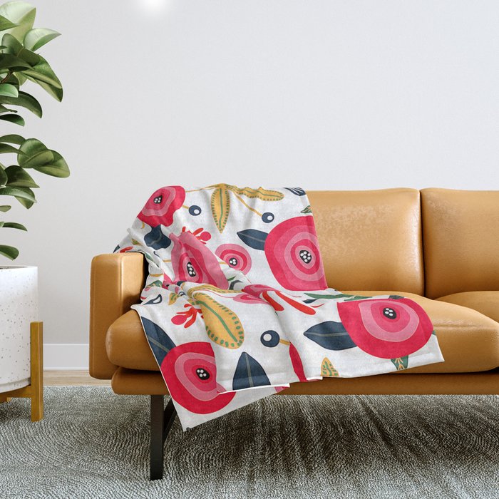 Mid-Century Modern Pink Floral And Leaves Designs Throw Blanket Gallery Image 1