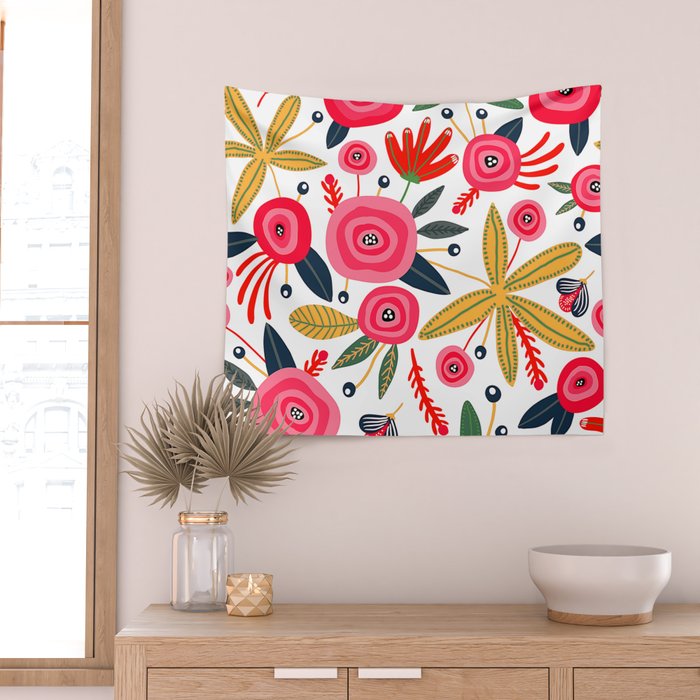 Mid-Century Modern Pink Floral And Leaves Designs Wall Tapestry Gallery Image 2