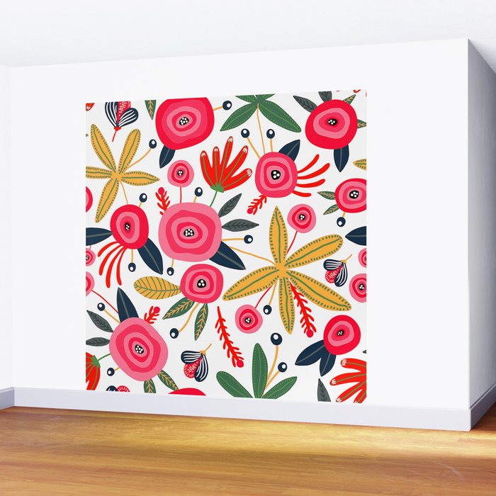Mid-Century Modern Pink Floral And Leaves Designs Wall Mural Gallery Image 2