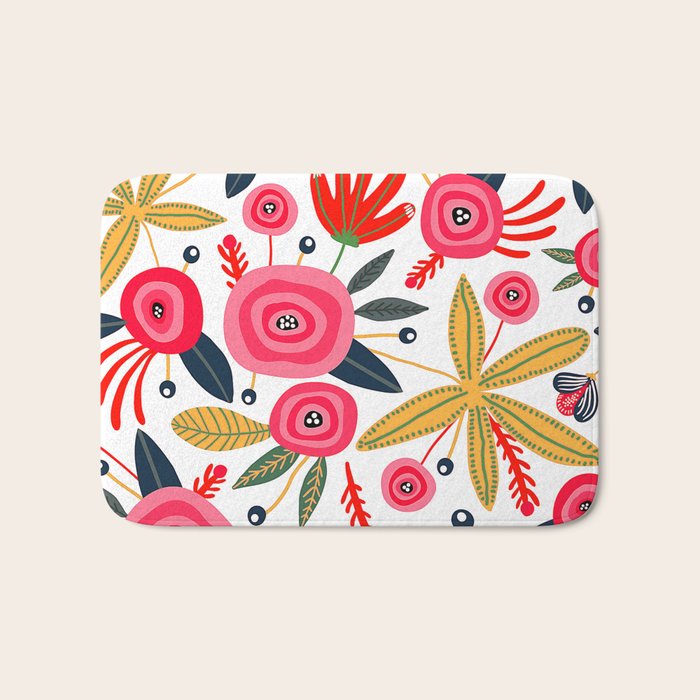 Mid-Century Modern Pink Floral And Leaves Designs Bath Mat Gallery Image 1