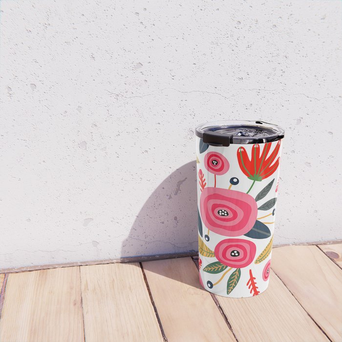 Mid-Century Modern Pink Floral And Leaves Designs Travel Mug Gallery Image 4