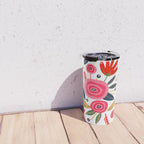 Mid-Century Modern Pink Floral And Leaves Designs Travel Mug Gallery Image 4