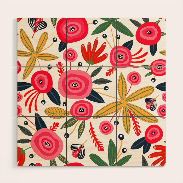 Mid-Century Modern Pink Floral And Leaves Designs Wood Wall Art Gallery Image 1