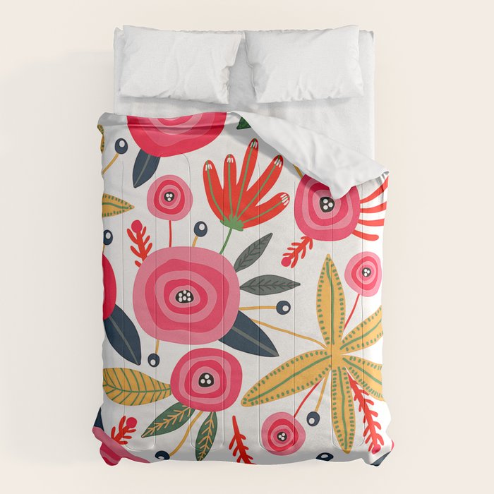 Mid-Century Modern Pink Floral And Leaves Designs Comforter Gallery Image 6