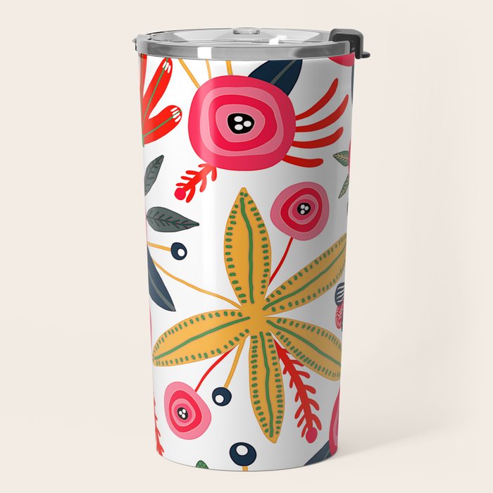 Mid-Century Modern Pink Floral And Leaves Designs Travel Mug Gallery Image 2