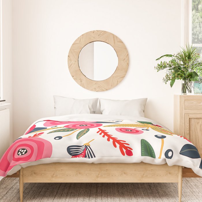 Mid-Century Modern Pink Floral And Leaves Designs Duvet Cover Gallery Image 3