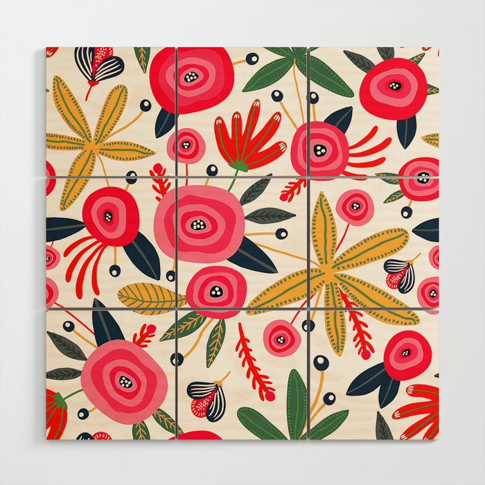 Mid-Century Modern Pink Floral And Leaves Designs Wood Wall Art Gallery Image 1