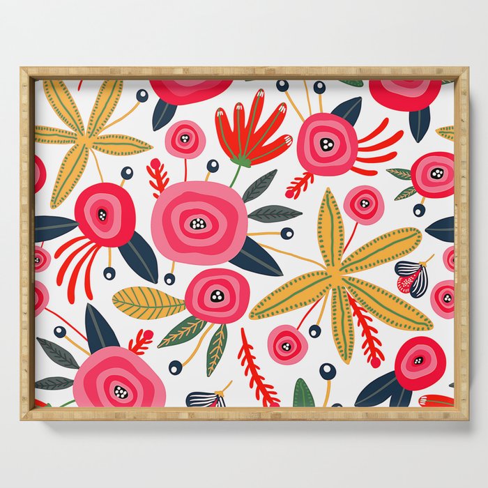 Mid-Century Modern Pink Floral And Leaves Designs Serving Tray Gallery Image 1