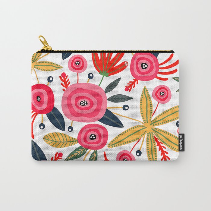 Mid-Century Modern Pink Floral And Leaves Designs Carry All Pouch Gallery Image 1