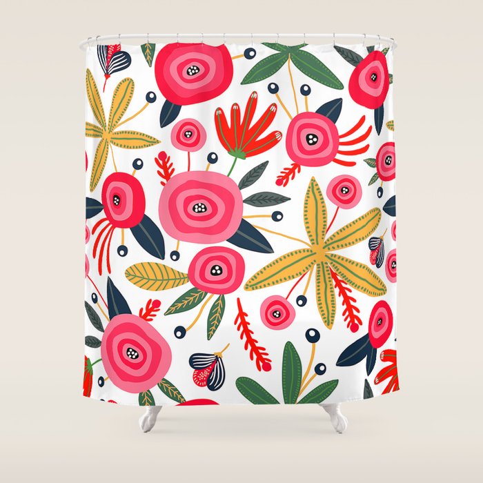 Mid-Century Modern Pink Floral And Leaves Designs Shower Curtain Gallery Image 1