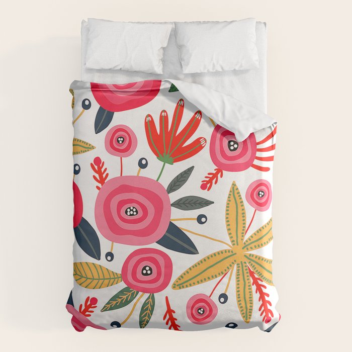 Mid-Century Modern Pink Floral And Leaves Designs Duvet Cover Gallery Image 1