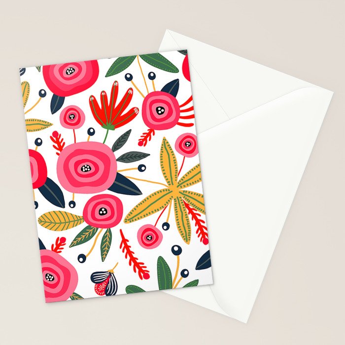 Mid-Century Modern Pink Floral And Leaves Designs Stationery Card Gallery Image 2