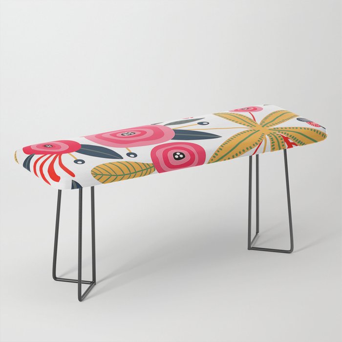 Mid-Century Modern Pink Floral And Leaves Designs Bench Gallery Image 1
