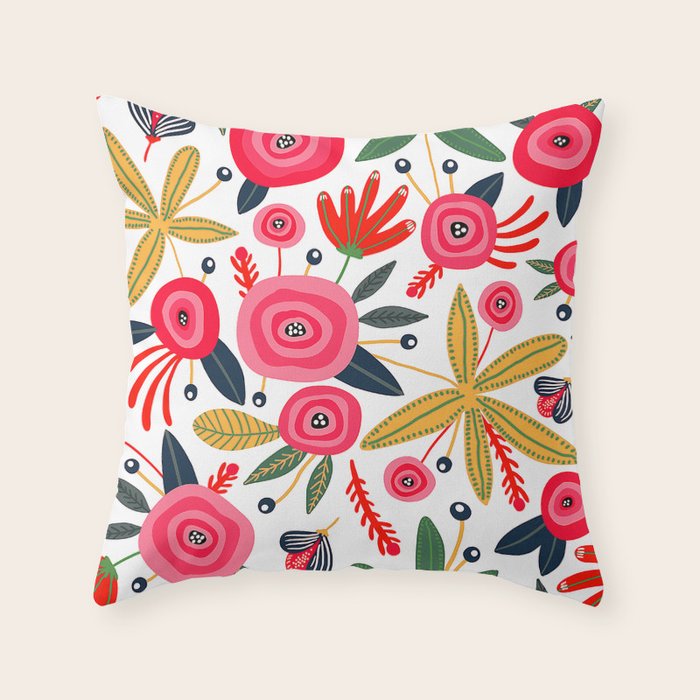 Mid-Century Modern Pink Floral And Leaves Designs Throw Pillow Gallery Image 1