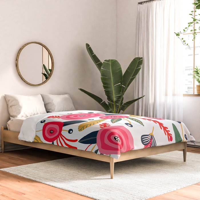 Mid-Century Modern Pink Floral And Leaves Designs Comforter Gallery Image 2