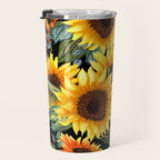 Festive, Sunflowers, Yellow and Green on Black Travel Mug Gallery Image 3
