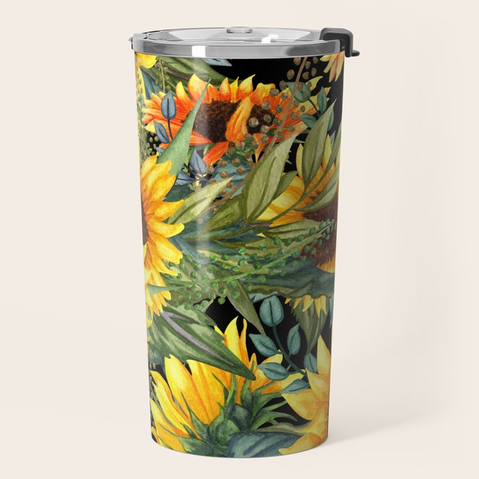 Festive, Sunflowers, Yellow and Green on Black Travel Mug Gallery Image 2