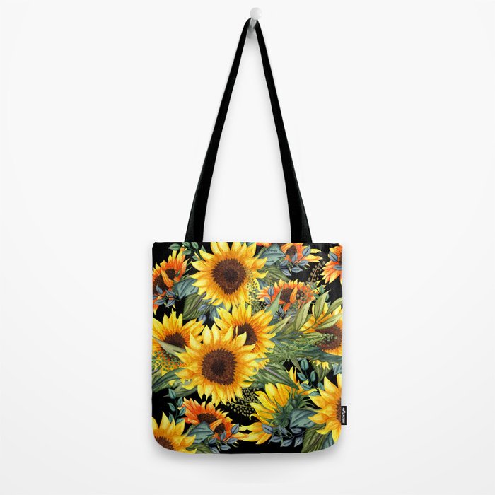 Festive, Sunflowers, Yellow and Green on Black Tote Bag Gallery Image 2