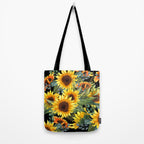 Festive, Sunflowers, Yellow and Green on Black Tote Bag Gallery Image 2