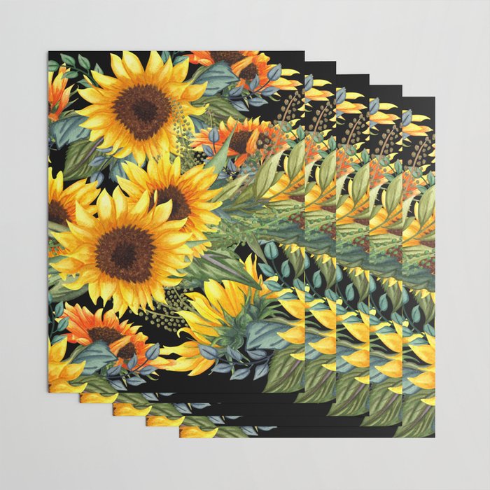 Festive, Sunflowers, Yellow and Green on Black Wrapping Paper Gallery Image 3
