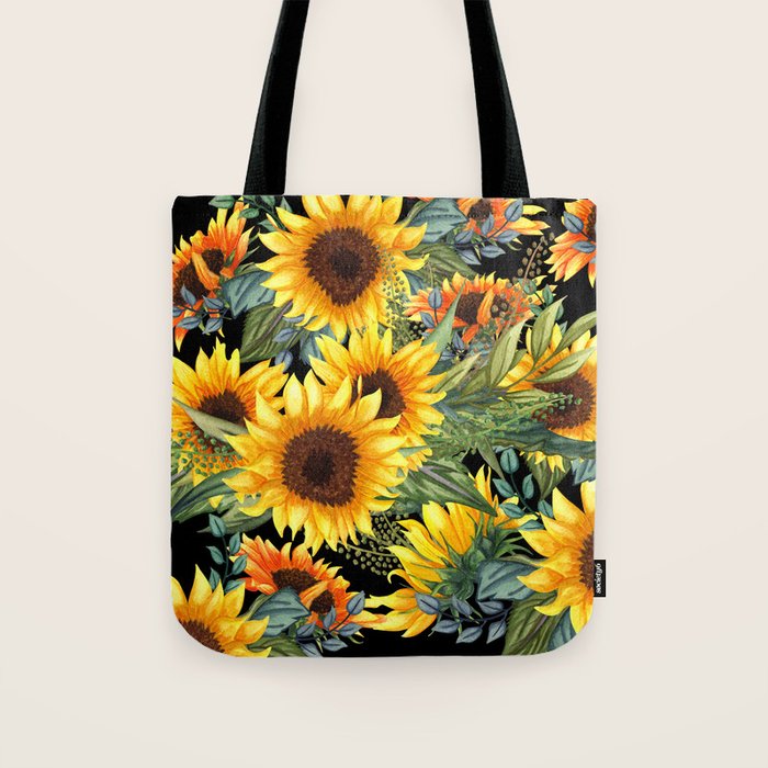 Festive, Sunflowers, Yellow and Green on Black Tote Bag Gallery Image 1
